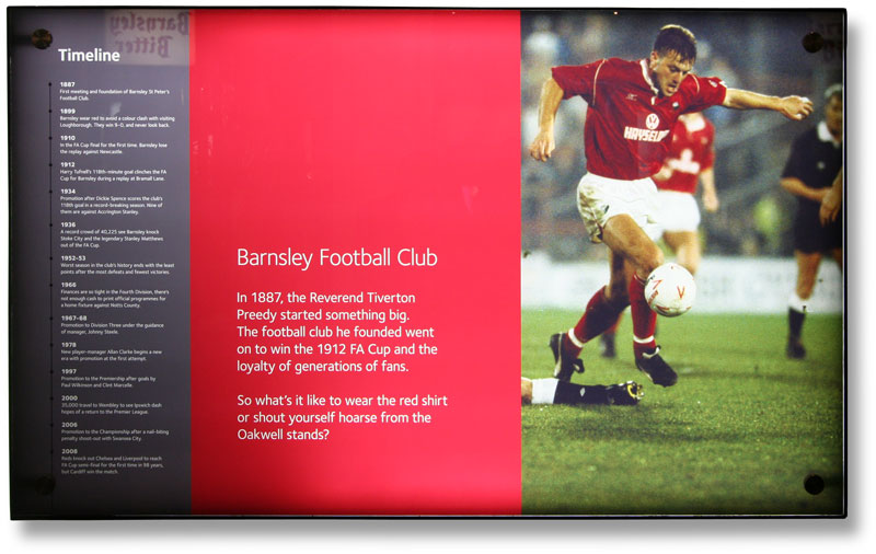 Heritage copywriter: museum panel showing the Barnsley Football Club timeline at Experience Barnsley