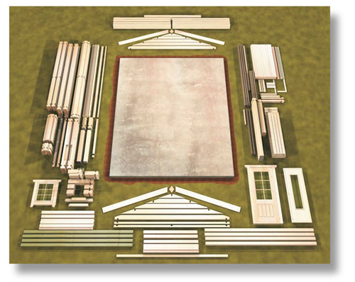 Instructions copywriter showing components laid out ready to build a Finnforest log cabin