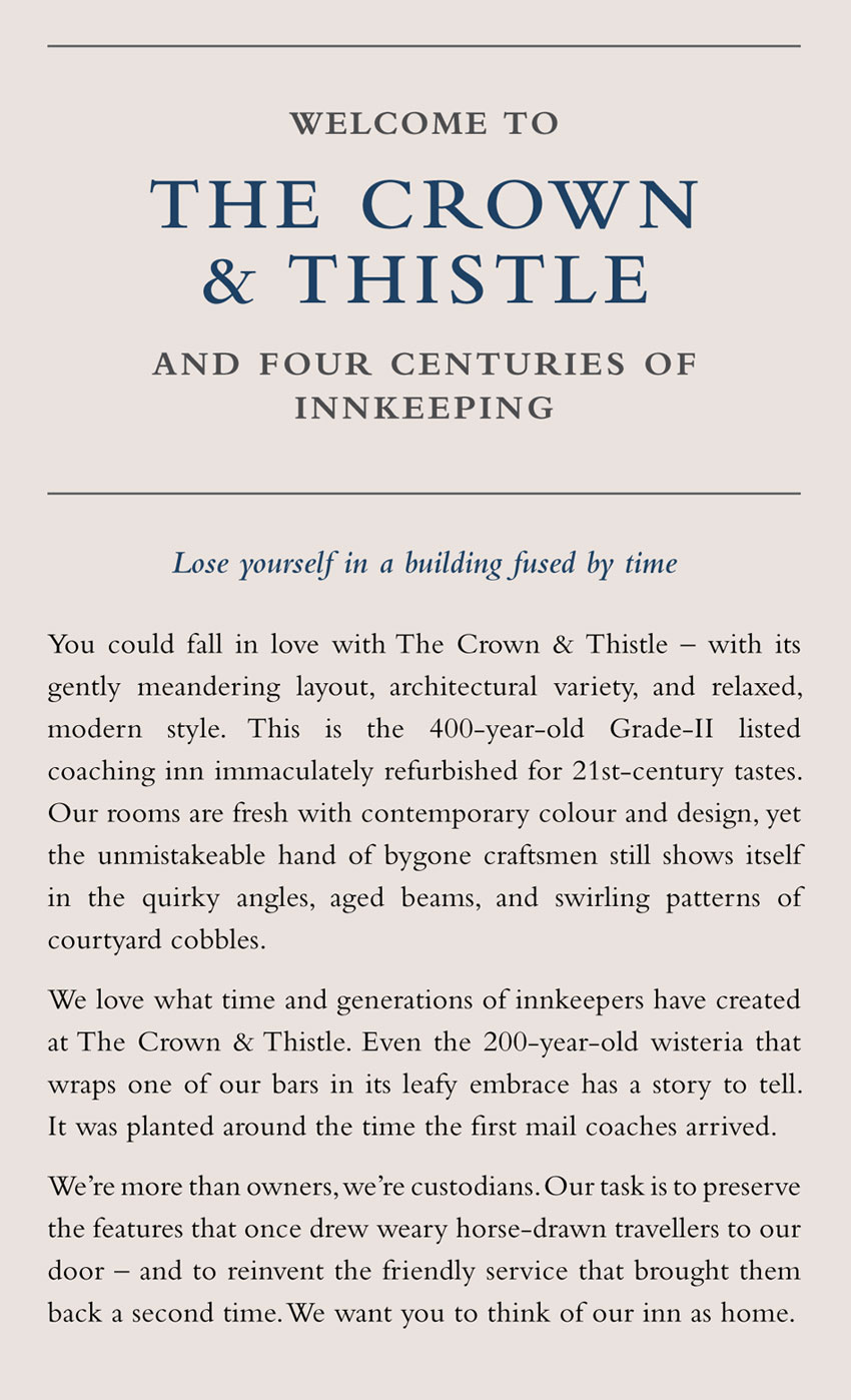 Hospitality copywriting: extract from the intro page of a brochure about The Crown & Thistle