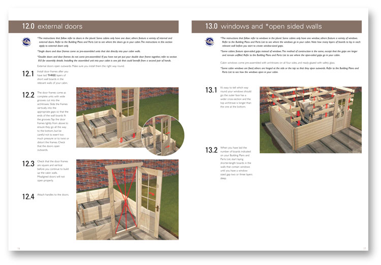 Instructions copywriter: page of instructions for building walls and doors for a Finnforest log cabin