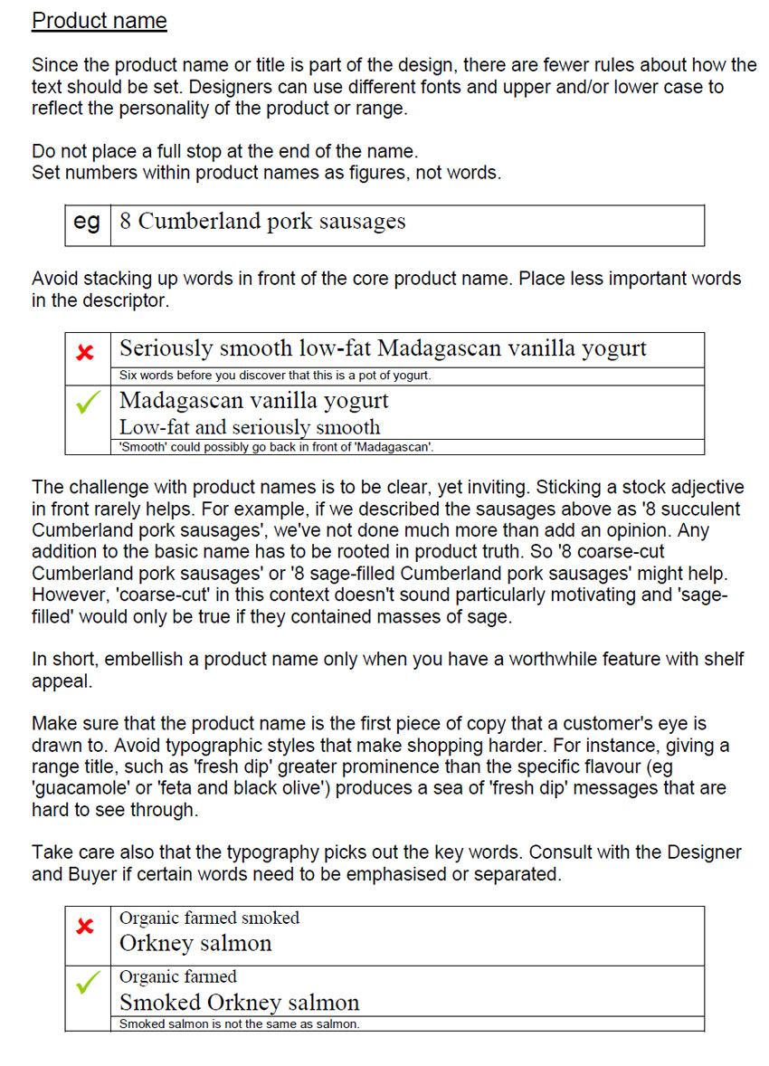 Tone-of-voice copywriter: extract from Waitrose packaging copy guidelines