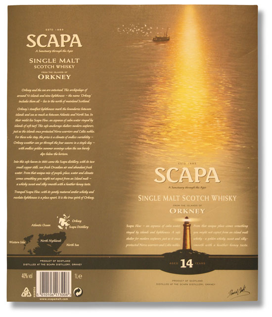Whisky packaging copywriter: unrolled presentational tube for Scapa single malt