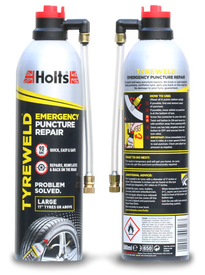 Instructions copywriting: front and rear of a can of Holts Tyreweld