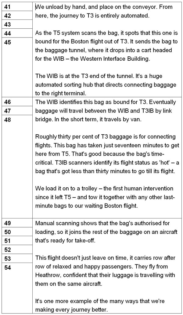 Animation scriptwriting: extract from a script about Heathrow baggage handling