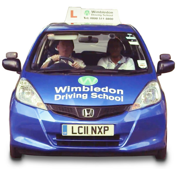 Video presenter scriptwriting: blue car bearing the Wimbledon Driving School logo