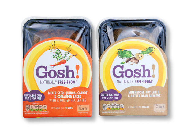 Brand-defining food packaging copywriter: two packs of Gosh! foods