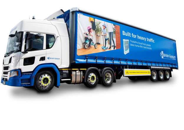 Fleet livery copywriter: British Gypsum lorry with image and text on the side curtain