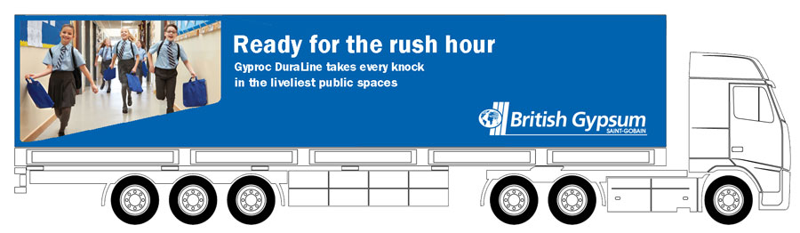 Fleet livery copywriting: British Gypsum lorry bearing text Ready for the rush hour