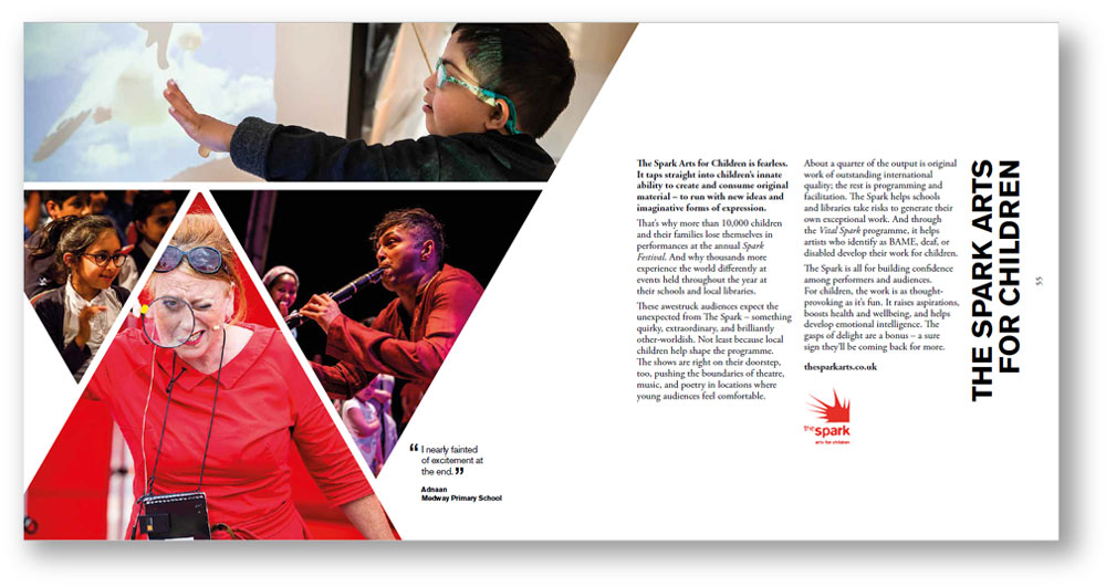 Arts and culture copywriting: Spark Arts pages from Leicester arts prospectus