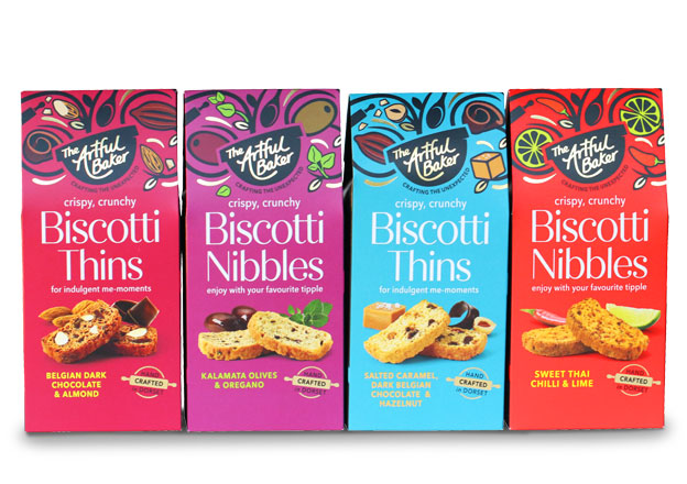 Food packaging copywriter: four packets of biscotti from The Artful Baker
