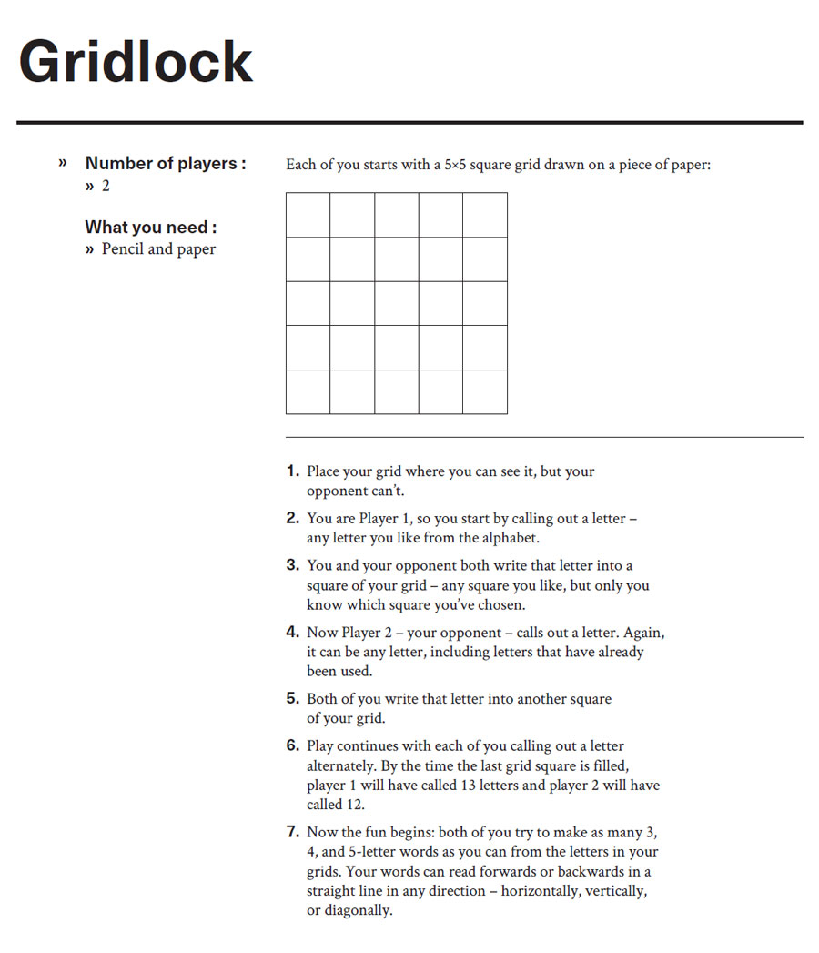 Instructions for word game, Gridlock